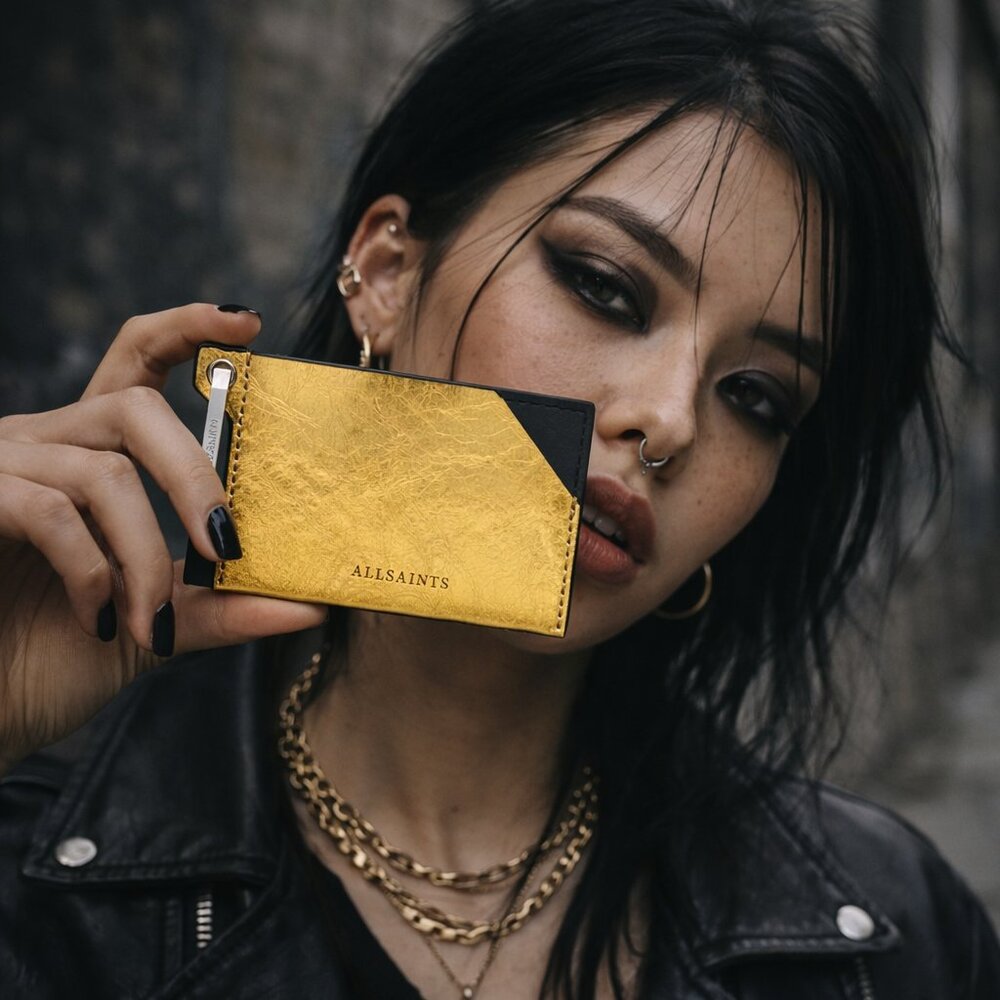 ALLSAINTS HEX STATIC CARDHOLDER | METALLIC GOLD BLACK | REAL LEATHER | NEW